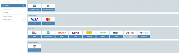 1xBet Malaysia withdrawal page showing 61 methods including PayNow, Touch n Go, Sticpay, Skrill and Neteller