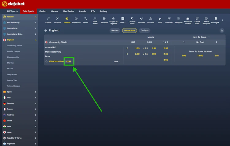 Dafabet showing 2,249 markets on the Community Shield fixture