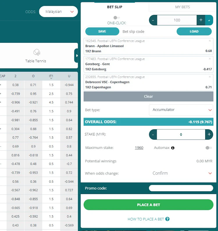 22Bet Malaysia bet slip showing a three-selection accumulator across UEFA Conference League matches in Malaysian odds format