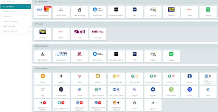 22Bet Malaysia deposit page showing 51 payment methods across e-wallets, bank transfer and cryptocurrency