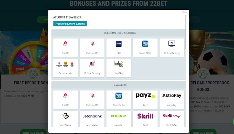 22Bet Malaysia Deposits Methods from Malaysia