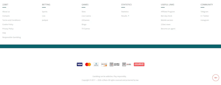 22Bet site footer showing Responsible Gambling, self-exclusion links and payment provider logos
