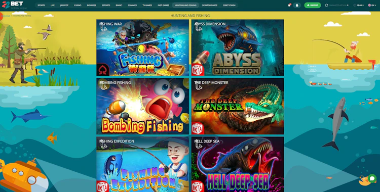 22Bet Malaysia Hunting and Fishing category page showing titles including Fishing War, Abyss Dimension and Hell Deep Sea