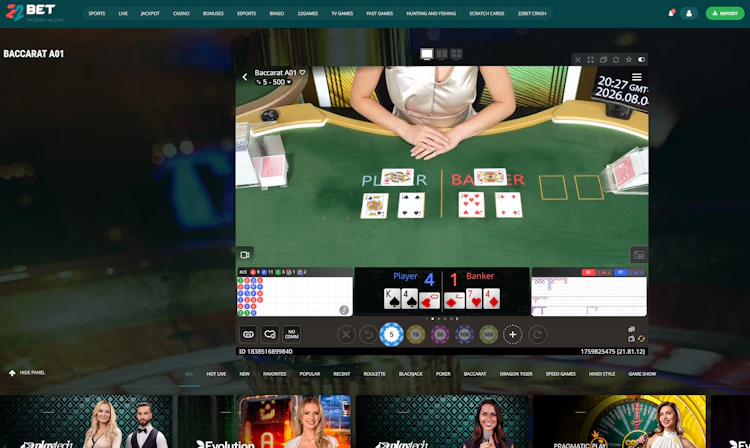 22Bet Malaysia live baccarat table from SA Gaming with RM 5 to RM 500 stake limits