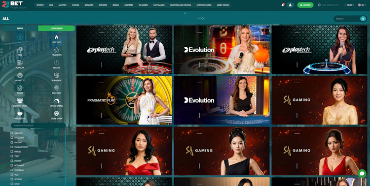 22Bet Malaysia live casino lobby showing Playtech, Evolution, Pragmatic Play and SA Gaming tables with genre and provider filter sidebar