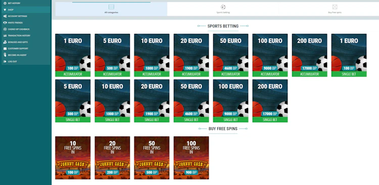 22Bet Malaysia promo code shop showing free bet and free spin tiers redeemable with Bonus Points