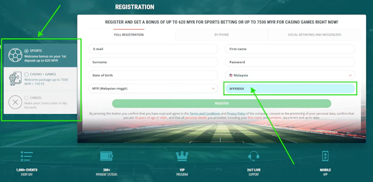 22Bet Malaysia registration form with MYRMAX promo code entered and bonus selection showing 620 MYR sports and 7500 MYR casino offers