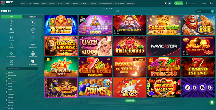 22Bet Malaysia slots lobby on the Popular tab showing 3 Fortune Mummies, Sugar Rush 1000 and Chicken Road 2 with provider filter sidebar