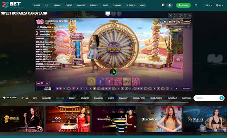 22Bet Malaysia live game show Sweet Bonanza CandyLand from Pragmatic Play with 5,172 players and RM 1 to 15,000 stakes