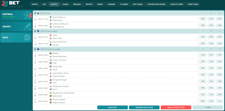22Bet Malaysia TOTO page showing a free 12-match prediction slip with Football jackpot at RM 720,219