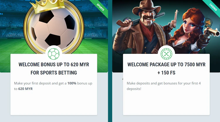 22Bet Malaysia welcome bonus selection screen showing 620 MYR sports betting bonus and 7500 MYR casino welcome package