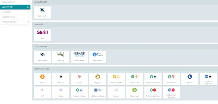 22Bet Malaysia withdrawal page showing 24 payout methods including Skrill, bank transfer and cryptocurrency