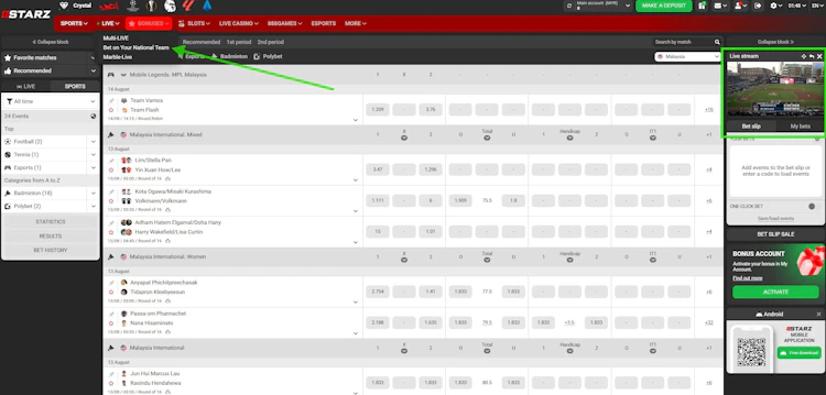 888starz bonus account panel showing the activate button in the bet slip sidebar