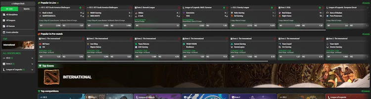 Esports lobby showing live and pre-match CS2, Dota 2 and League of Legends matches with odds