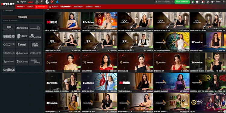 888starz live casino lobby showing provider filter with Evolution, Pragmatic Play, WinFinity, Ezugi and SA Gaming alongside blackjack, roulette and baccarat tables