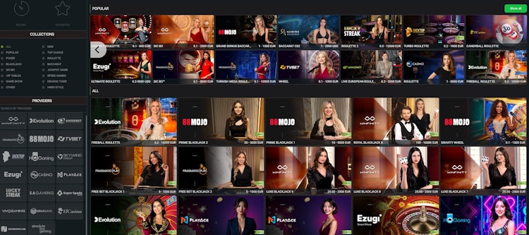 888starz live casino section with top casino games showing