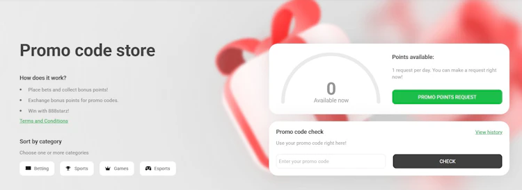 888starz promo code store showing points available, the promo points request button and category filters for betting, sports, games and esports