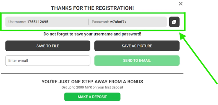 888starz registration confirmation screen showing generated username and password with save options