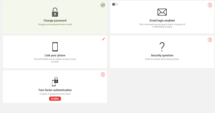 The account security page with two-factor authentication, phone link and security question options