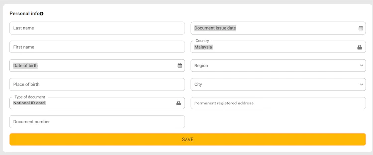 MelBet personal info form with Malaysia and National ID card preselected
