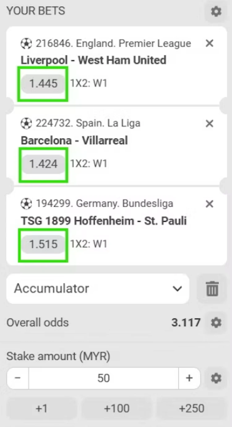 Three-leg accumulator bet slip with Liverpool, Barcelona and Hoffenheim to win at combined odds of 3.117 and a RM 50 stake
