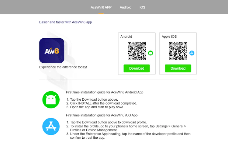 AceWin8 app download page for Android and iOS