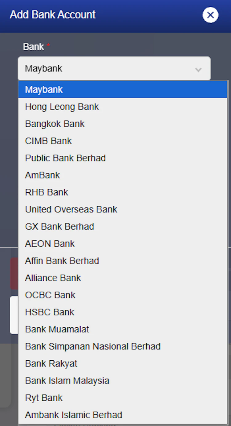 Add bank account in the app option dropdown listing Maybank, CIMB, Public Bank, RHB, Bank Rakyat and other Malaysian banks