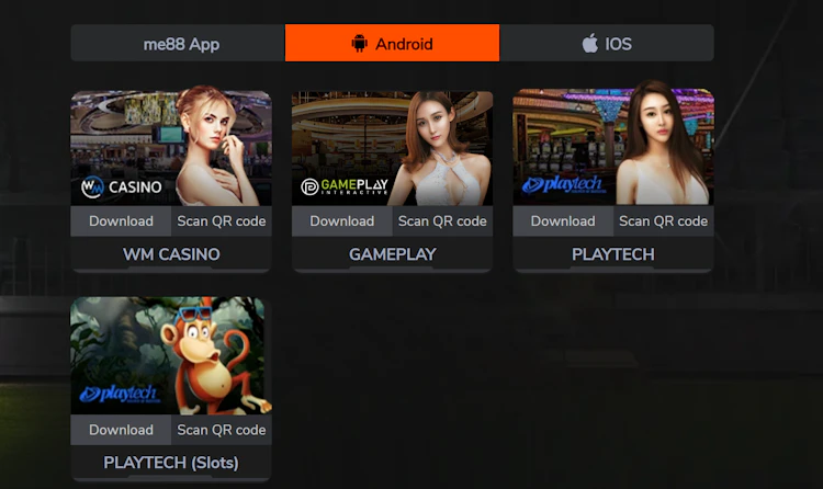 Android tab on the app download page listing WM Casino, GamePlay, Playtech and Playtech Slots apps