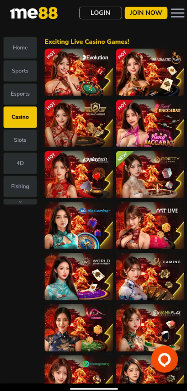 Live casino lobby in the app with Evolution, Pragmatic Play, Dream Gaming, Sexy Baccarat, Playtech and more
