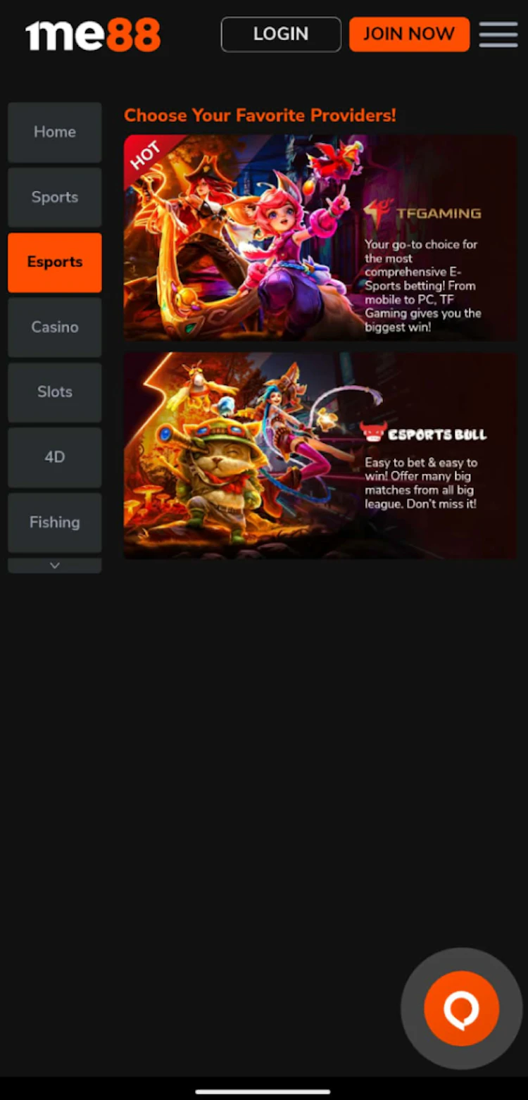Esports tab in the me88 App showing TF Gaming and Esports Bull