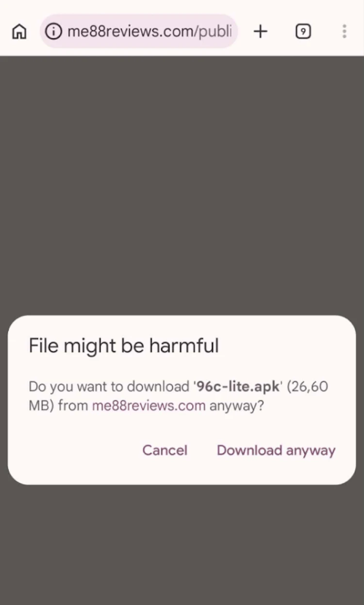 Chrome warning asking whether to download the 26.60 MB me88 APK file anyway