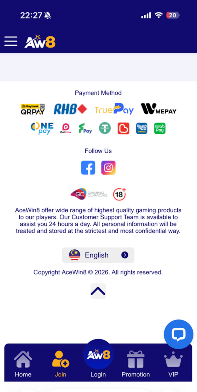 App footer showing payment methods, the Gaming Curaçao badge and the AceWin8 copyright