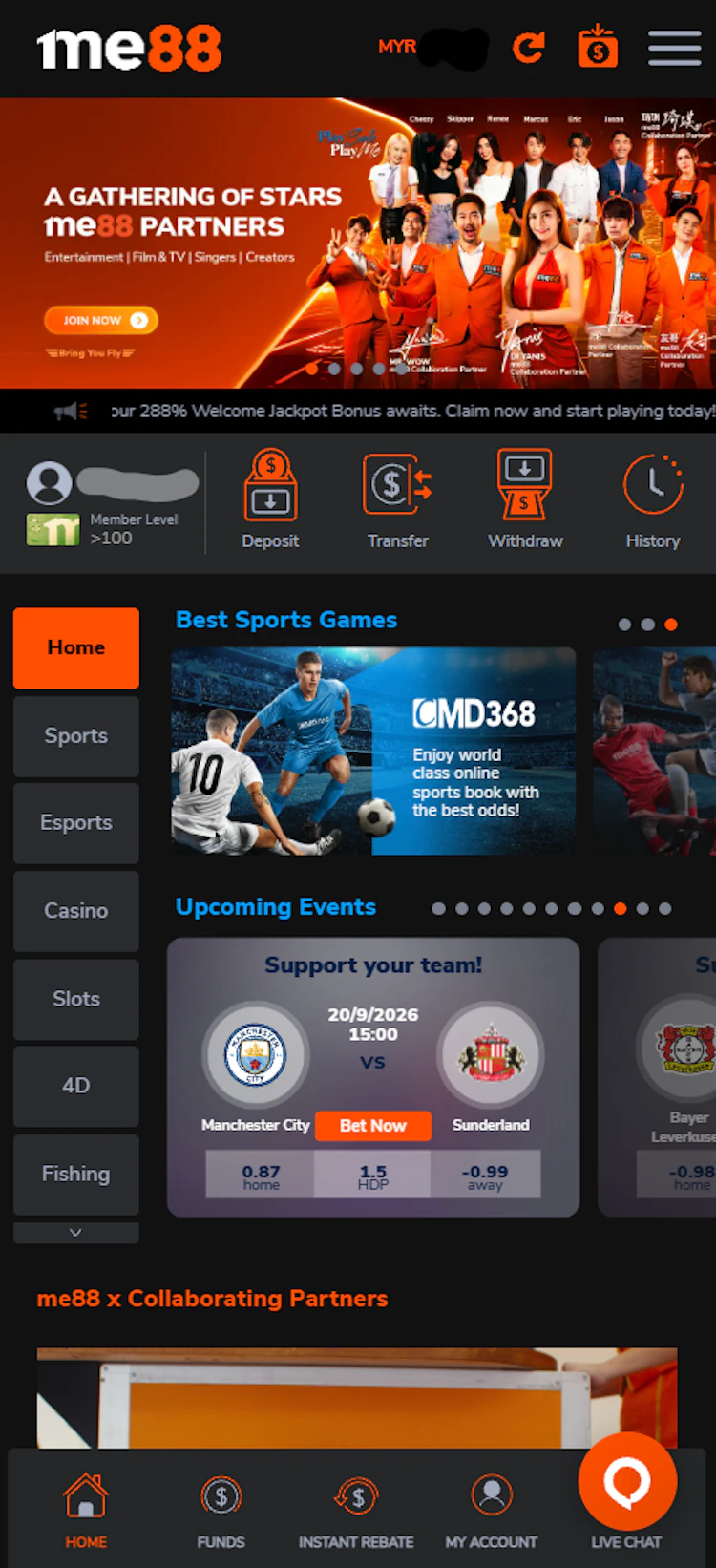 Logged-in me88 App home screen with deposit shortcuts, member level, sports carousel and upcoming events