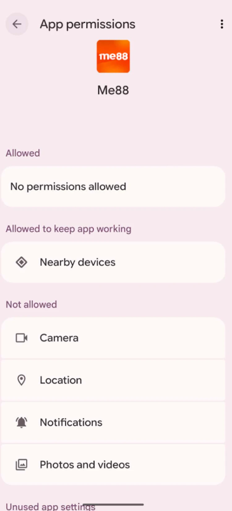 Android App permissions page settings showing no permissions allowed and camera, location, notifications and photos not allowed