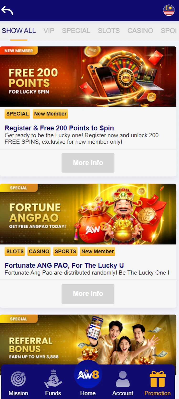 App promotion page lists many promotions, including Free 200 Points, Fortunate Angpao, and Referral Bonus offers