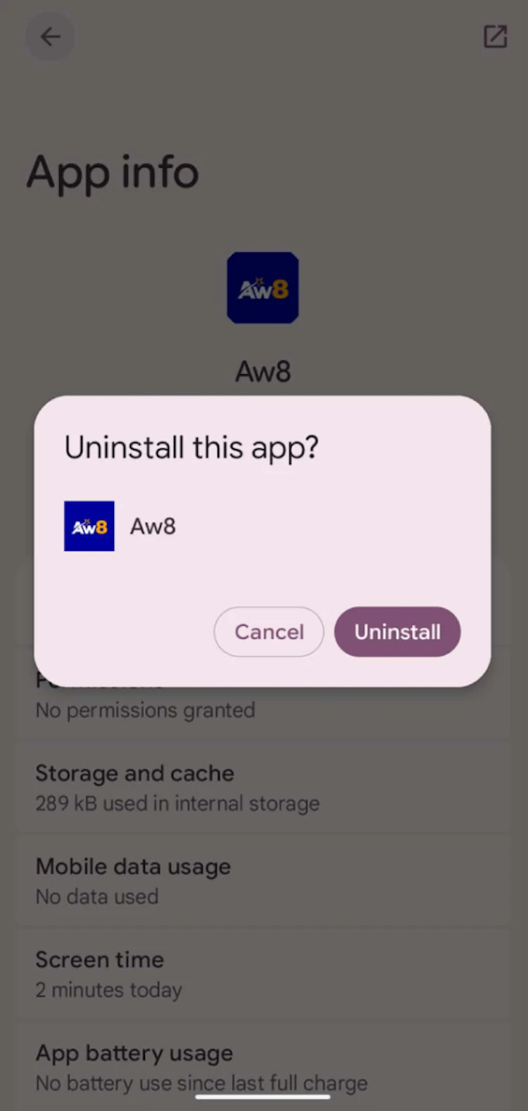 Android uninstall confirmation dialog for the AW8 app