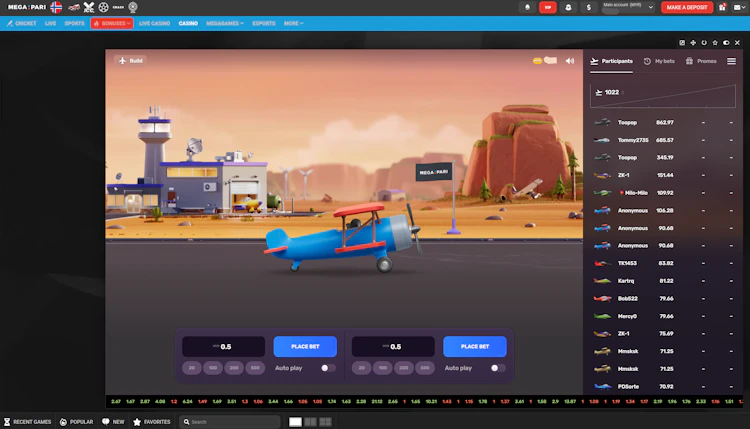 Aviatrix crash game with two bet panels, auto play and a live participants list