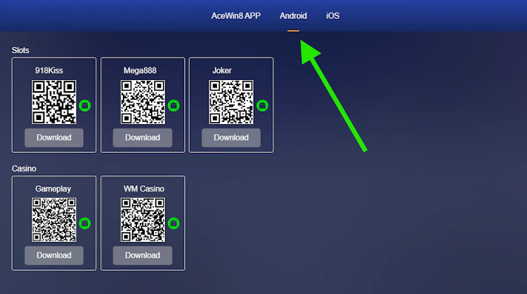 Android download page with QR codes for 918Kiss, Mega888, Joker, Gameplay and WM Casino