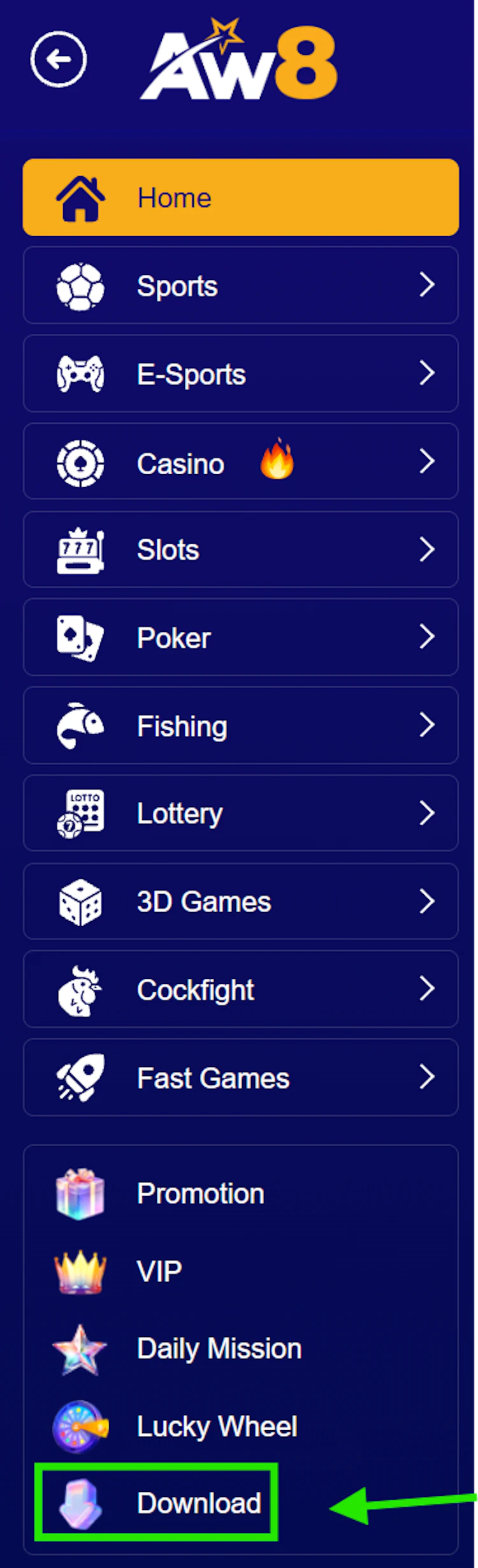 App main menu list: Sports, E-Sports, Casino, Slots, Poker, Fishing, Lottery, 3D Games, Cockfight, and the Download entry
