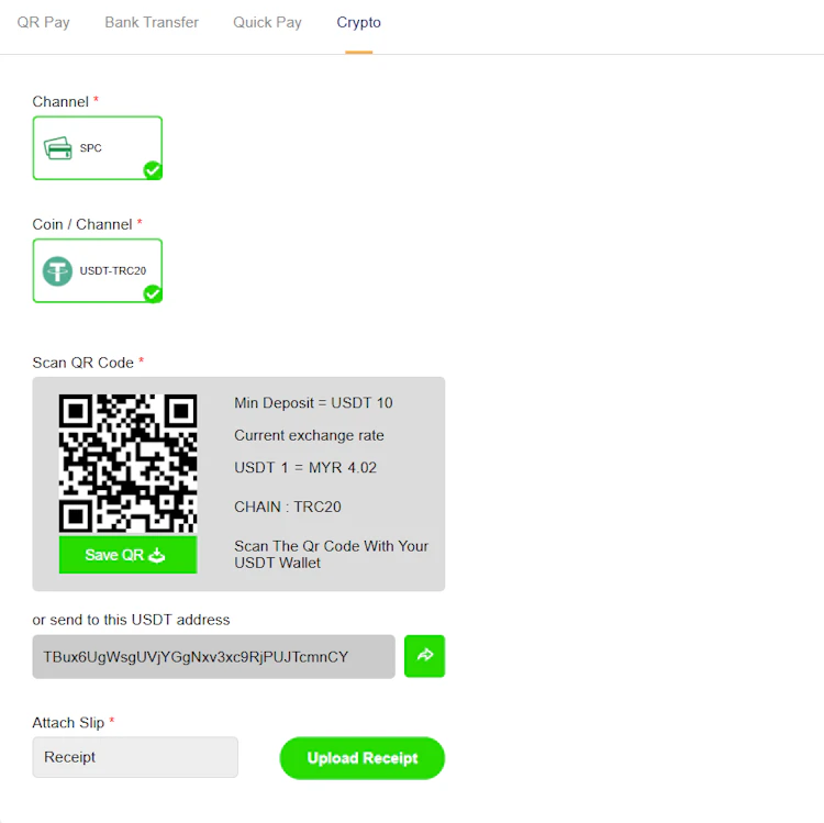 AW8 crypto deposit with USDT TRC20 and live exchange rate
