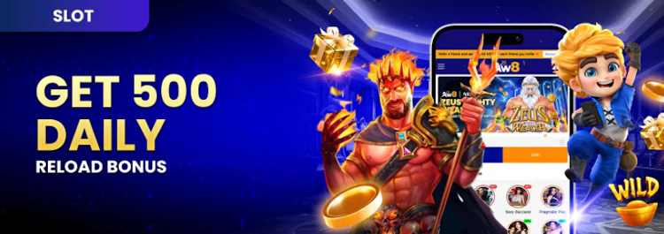 AW8 daily reload bonus giving 20 percent up to MYR 500 on slots