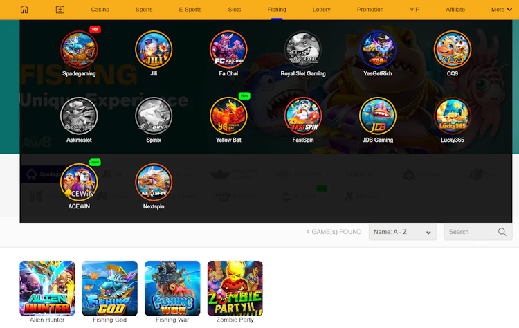 AW8 fishing game section with 16 providers