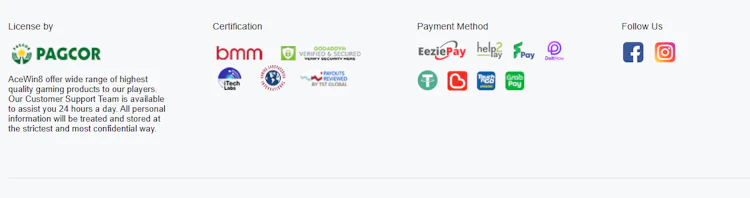 AW8 footer with PAGCOR license claim and BMM, iTech Labs and TST certification seals