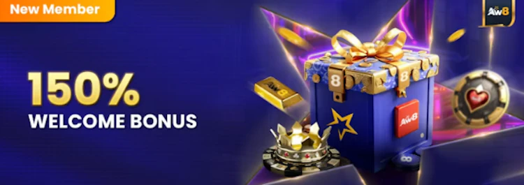 Promotional banner displaying a 150 percent New Member Welcome Bonus next to a gift box with casino chips and gold bars on AW8