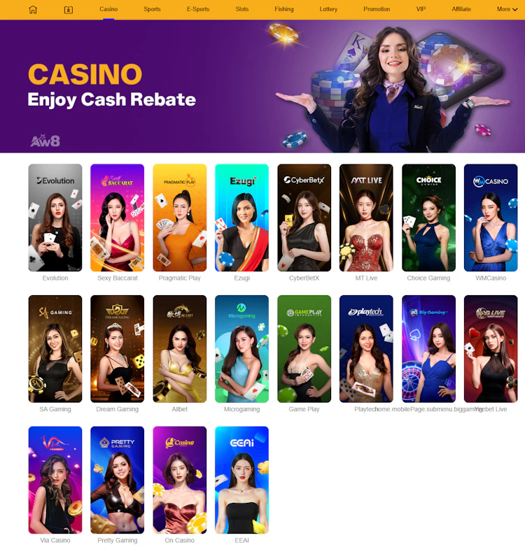 AW8 live casino game providers including Evolution, Pragmatic Play and SA Gaming