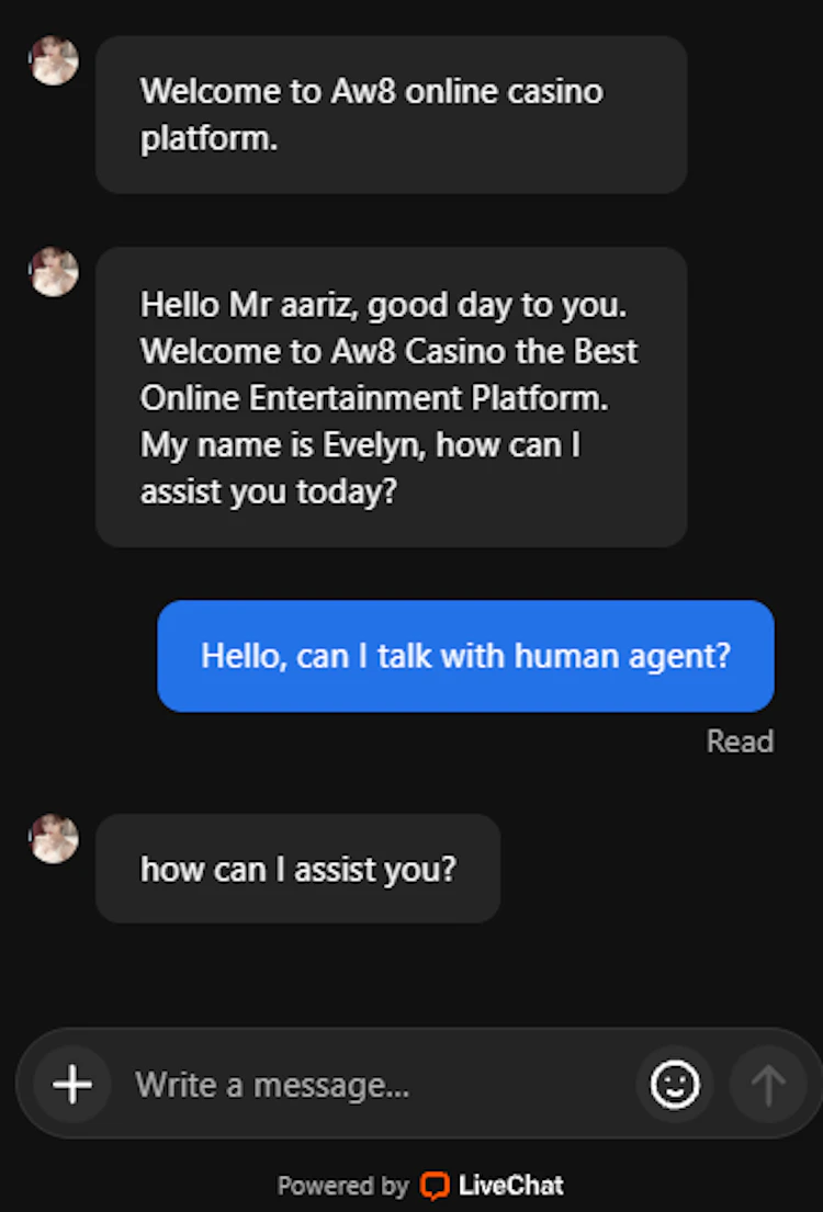AW8 live chat support answering instantly