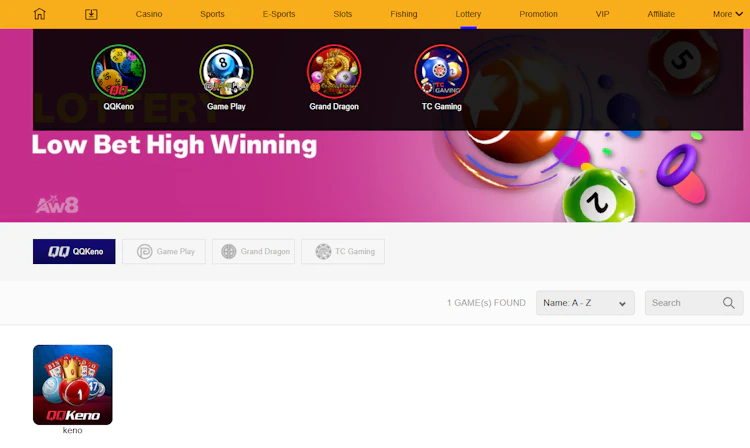 AW8 lottery section with QQKeno and Grand Dragon