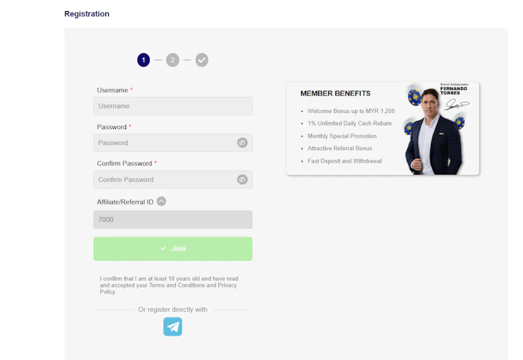 AW8 Malaysia registration form step one with username and password