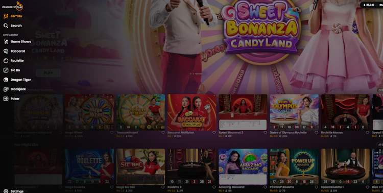 Pragmatic Play live casino game show lobby on AW8 with player counts