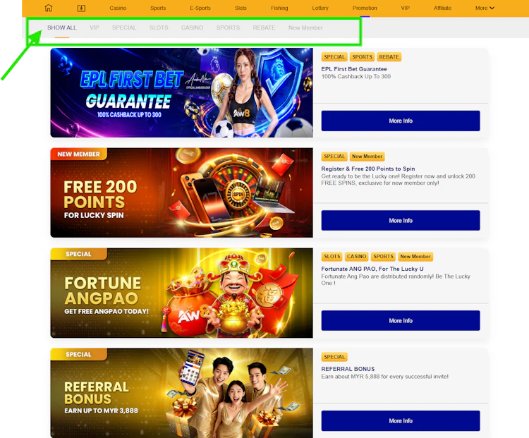 AW8 promotions section with category filters and current offers